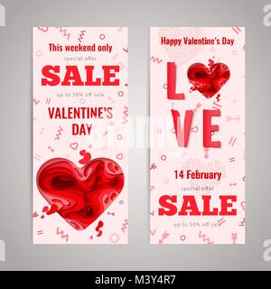 Valentines Tag verkauf Flyer eingestellt. 3d-Papier herzen Konzept Design Flyer Vorlage. Vektor verkauf Banner ist. Papier carving Herzen Formen mit Schatten. Firma Febru Stock Vektor