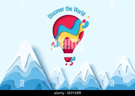 Entdecken Sie die Welt Papier kunst Konzept der Heißluftballon in den Himmel mit Wolken über die Berge. Vektor Reisen origami Papier schneiden Banner Stock Vektor
