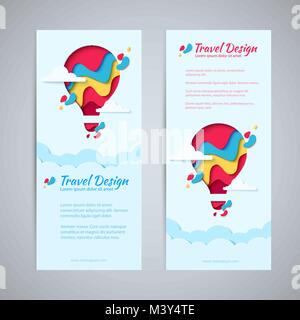 Travel Design Flyer Vorlage Set Paper art Konzept der Heißluftballon in den Himmel mit Wolken. Vektor Reisen origami Papier schneiden vertikale Banner einstellen Stock Vektor