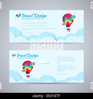 Travel Design Flyer Vorlage Set Paper art Konzept der Heißluftballon in den Himmel mit Wolken. Vektor Reisen origami Papier Ausschneiden horizontale Banner einstellen Stock Vektor