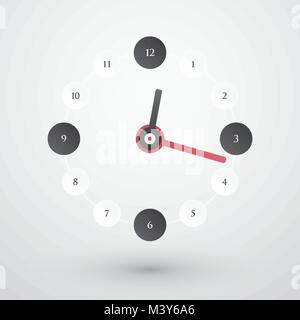 Einfache Uhr mit einem schwarzen Kreis und roten Zeigern Stock Vektor