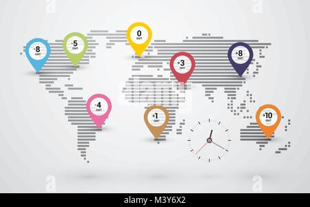 Einfache Karte der Welt mit Zeitstempel und Uhr Stock Vektor