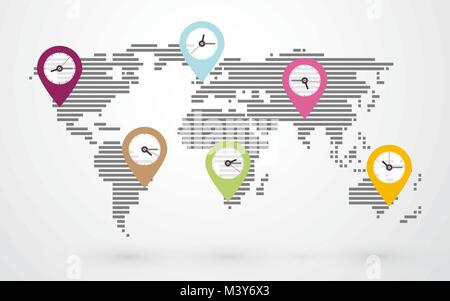 Weltkarte mit Zeitzonen pin-Kennzeichnung Stock Vektor