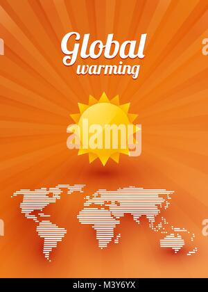 Die globale Erwärmung Sonne und eine Karte der Welt auf orangem Hintergrund Stock Vektor