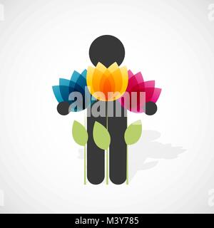 Schwarze Silhouette eines Mannes hält drei bunten Blumen Stock Vektor