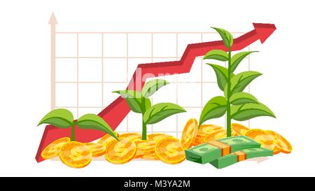 Start Wachstum Konzept Vektor. Baum auf einem goldenen Münzen. Wachstum des Graphen. Erfolg Ziel erreichen. Grüne Pflanze. Investitionen Analytics. Finanzbericht Stock Vektor
