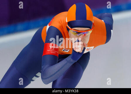 Gangneung, Südkorea. 12 Feb, 2018. IREEN WUST der Niederlande gewinnt die Goldmedaille im 1500-m-Lauf der Frauen Skaten in der PyeongChang 2018 Winter-olympischen Spiele bei Gangneung Oval. Credit: Paul Kitagaki jr./ZUMA Draht/Alamy leben Nachrichten Stockfoto