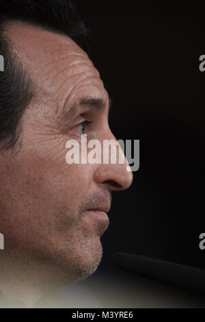 Madrid, Madrid, Spanien. 13 Feb, 2018. Unai Emery (Trainer; Paris Saint-Germain) nimmt an einer Pressekonferenz in Madrid, Spanien, 13. Februar 2018. PSG wird von Real Madrid in der UEFA Champions League Achtelfinale, hinspiel Fußballspiel am 14. Februar 2018. Credit: Jack Abuin/ZUMA Draht/Alamy leben Nachrichten Stockfoto