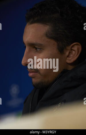 Madrid, Madrid, Spanien. 13 Feb, 2018. Marquinhos (Defender; Paris Saint-Germain) nimmt an einer Pressekonferenz in Madrid, Spanien, 13. Februar 2018. PSG wird von Real Madrid in der UEFA Champions League Achtelfinale, hinspiel Fußballspiel am 14. Februar 2018. Credit: Jack Abuin/ZUMA Draht/Alamy leben Nachrichten Stockfoto