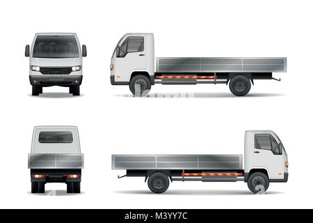 Weiß realistische Lieferung cargo Truck isoliert auf Weiss. City Commercial Lkw mockup von der Seite, von vorne und von hinten. Vector Illustration. Stock Vektor