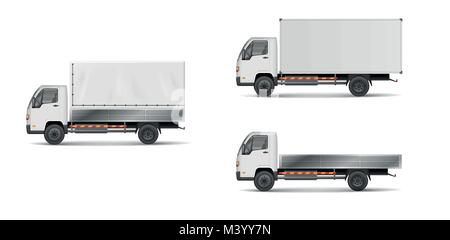 Festlegen von realistischen White cargo Fahrzeuge. Vector Illustration mit schweren Lkw, Anhänger, Lastkraftwagen, Lieferwagen isoliert. Seitenansicht mockup. Stock Vektor