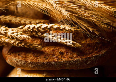 Nahaufnahme von Brot mit Ohren von Weizen Stockfoto