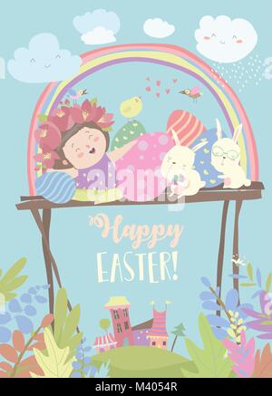 Nettes Mädchen mit Osterhasen und Ostereier Stock Vektor