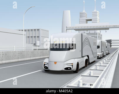 Eine Flotte von Lkw fahren auf der Autobahn. 3D-Bild. Stockfoto