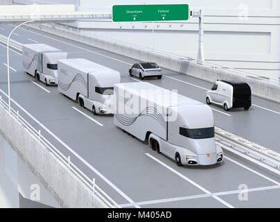 Eine Flotte von Lkw fahren auf der Autobahn. 3D-Bild. Stockfoto