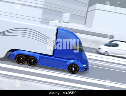 Seitenansicht eines blau-metallic Lkw fahren auf der Autobahn. 3D-Bild. Stockfoto