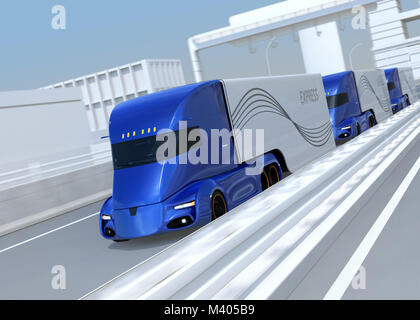 Eine Flotte von metallic blau Lkw fahren auf der Autobahn. 3D-Bild. Stockfoto