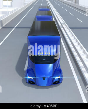 Vorderansicht einer Flotte von metallic blau Lkw fahren auf der Autobahn. 3D-Bild. Stockfoto