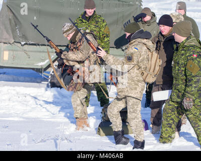 Yavoriv, Ukraine - US-amerikanische, kanadische, Ukrainische, Litauische und Service Mitglieder durch Treffsicherheit Ausbildung an der Yavoriv Combat Training Center hier Feb 6. Derzeit mehr als 220 der New York Army National Guard Soldaten sind in der Ukraine bereitgestellt arbeiten Hand in Hand mit der ukrainischen Armee, wie sie in Richtung zu ihrem Ziel des Erreichens der NATO-Interoperabilität bemühen. (U.S. Armee Foto von Sgt. Alexander Rektor) Stockfoto