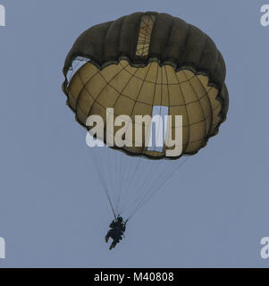 Fallschirmjäger von der Amerikanischen 173rd Airborne Brigade und der Französischen 11 Airborne Brigade durchgeführt eine zerstreute Einfügen letzte Nacht und weiterhin Fallschirmjäger heute in Deutschland, Frankreich bereitstellen, wie die Amerikanische 54th Brigade Ingenieur Bataillon ist die Bereitstellung technischer Unterstützung für die Französischen betrieb Acinonyx La Marne. Amerikanische und französische Fallschirmjäger führte eine Flügel Austausch letzte Woche in der Vorbereitung für diese Übung. Stockfoto