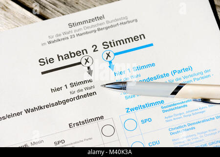 Stimmzettel bei der Bundestagswahl, Stimmzettel zur Bundestagswahl. Stockfoto