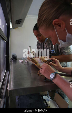 150531-A-BK 746-163 Colón, Panama (31. Mai 2015) Armee Sgt. Janina Alaniz, ein Eingeborener von North Bergen, New Jersey und tierärztlichen Techniker für die öffentliche Gesundheit Befehl Fort Hood, Texas, zugewiesen, und die Mitarbeiter der Sgt. Siobhan Chase, ein Eingeborener von Woodbridge, VA, zum 10. Der Armee Mountain Division Fort Polk, Louisiana zugeordnet, bereiten ein Hund für ein medizinisches Verfahren bei einer tierärztlichen site an Roberto Mariano Bula Sports Complex im Verlauf der weiteren Versprechen 2015 gegründet. Weiterhin Versprechen ist ein US Southern Command - gefördert und U.S. Naval Forces Southern Command/USA Flotte - durchgeführt Bereitstellung civi durchzuführen Stockfoto