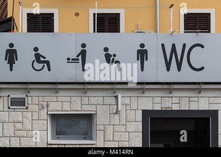 Öffentliche Toiletten wc Toilette Schild Stockfoto