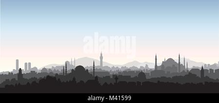 Istanbul City Skyline. Reisen Türkei Hintergrund. Urban Panoramablick. Stadtbild mit berühmten Gebäude Silhouette Stock Vektor