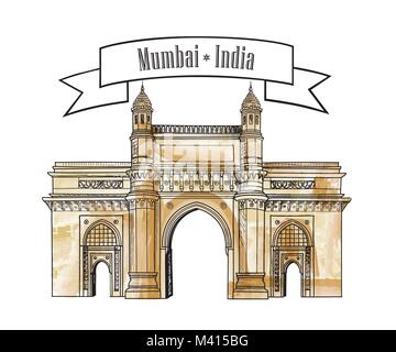 Mumbai City Gate, Symbol, Indien. Berühmte indische Hand gezeichnet Maharashtra Wahrzeichen. Reisen Indien Hintergrund Stock Vektor