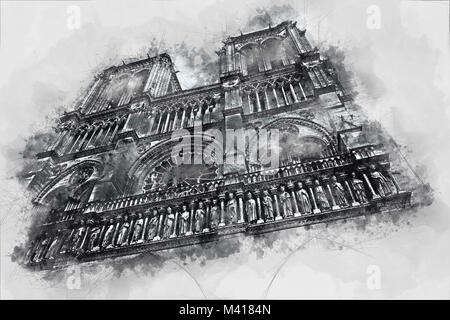 Aquarell von Notre Dame, die historische Katholische Kathedrale, eines der am meisten besuchten Sehenswürdigkeiten in Paris, Frankreich. Abbildung auf Grau backgroun Stockfoto