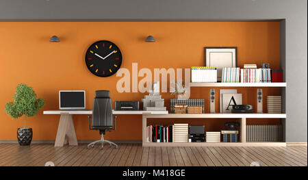 Moderne home Arbeitsplatz mit Schreibtisch, Bücherregal und orange Wand - 3D-Rendering Stockfoto