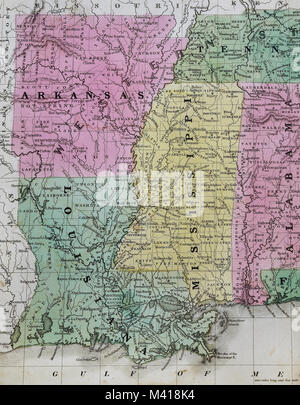 1839 Mitchell Karte - USA - Südstaaten Louisiana Mississippi Arkansas, Alabama, Tennessee Stockfoto
