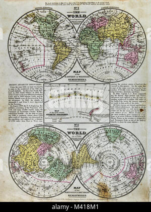 1839 Mitchell Karte - Welt in Hemisphären & Polar Projektionen mit Antarktis Entdeckungen Stockfoto