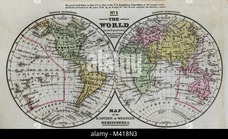 1839 Mitchell Karte - Welt in Hemisphären - Östliche und Westliche - Asien Afrika Australien Nord- und Südamerika Stockfoto