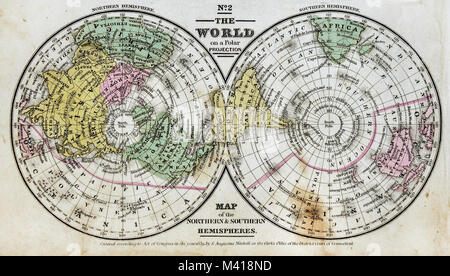 1839 Mitchell Karte - Polar Projektionen - North & South Pole - Arktis Antarktis - Welt in Hemisphären Stockfoto