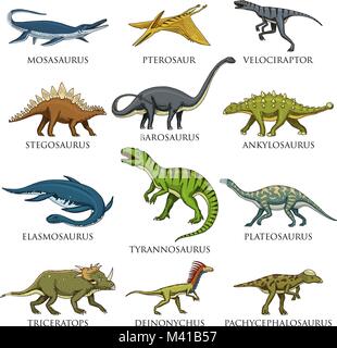 Dinosaurier, Tyrannosaurus Rex, Triceratops, Barosaurus, Diplodocus, Triceratops, Triceratops, Stegosaurus, Skelette, Fossilien. Prähistorische Reptilien, Tier Hand gezeichnet Vektor. Stock Vektor