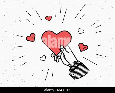 Saint Valentinstag Vector Illustration im Retro-Stil mit Sunburst und roten Herzen Stock Vektor