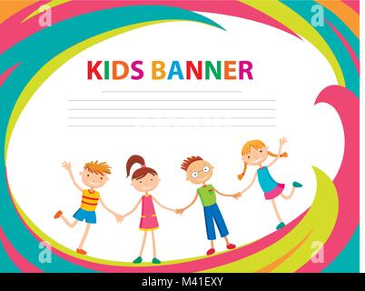 Glückliche Kinder laufen auf dem Banner vector Template bunten Hintergrund Stock Vektor