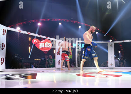 Warschau, Polen - 25. MÄRZ 2017: PLMMA Mixed Martial Arts Nacht in einem Käfig o/p Kämpfer im Octagon Kampf Stockfoto