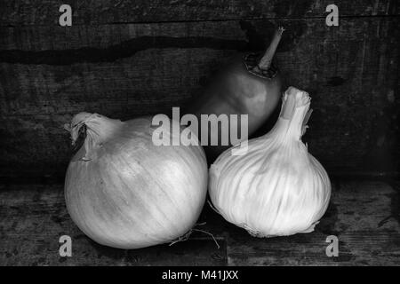 Zwiebel, Knoblauch und Chili noch Leben in Schwarz und Weiß. Stockfoto