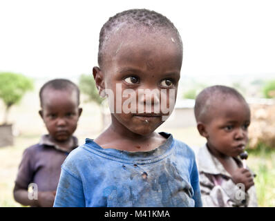 Afrika, Tansania - Februar 9, 2014: Portrait auf einen afrikanischen Jungen Stamm der Massai Dorf an der Kamera suchen, Leben in Haus mit Kuhmist, Feb. Stockfoto