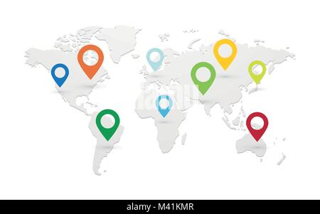 Satz farbiger Karte Zeiger mit Weltkarte isoliert Stock Vektor