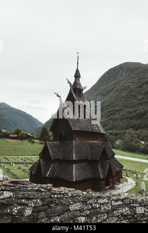 Alte hölzerne Stabkirche Borgund Stockfoto