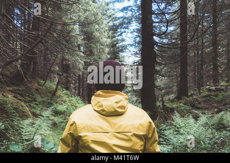 Mann in Gelb jaket im wilden Wald Stockfoto