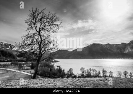 Ein Blick auf den Mondsee in Österreich. Der Himmel bewölkt ist, die Atmosphäre ist düster. Stockfoto