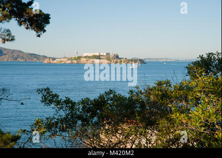 San Francisco, CA - Februar 03: Blick auf die Insel Alcatraz von Fort Mason Stockfoto