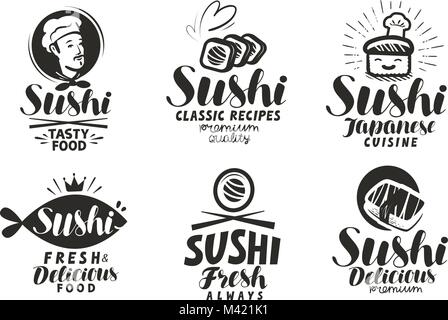 Sushi und Brötchen Logo oder Label. Japanisches Essen Menü. Schriftzug Vector Illustration Stock Vektor