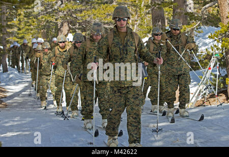 United States Marines mit Echo Unternehmen, 2.BATAILLON, 5. Marine Regiment, Marine Corps Base Camp Pendleton, Calif., Wanderung in den Bergen des Toiyabe National Forest, Campingplatz, Mountain warfare Training Befehl, Bridgeport, Calif., Jan. 30, 2018. Die Schulung bereitet Marines bei kaltem Wetter. (U.S. Marine Corps Foto von Cpl. Francisco Britoramirez) Stockfoto