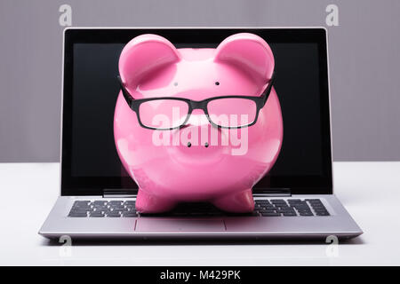 Sparschwein mit Brillen auf Laptop in Geld sparen Konzept Stockfoto