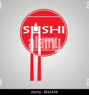 Poster mit roten Kreis und Sushi bar Logo auf weißem Hintergrund mit. Traditionelle japanische Küche Banner. Vector Illustration Vektor. Stock Vektor
